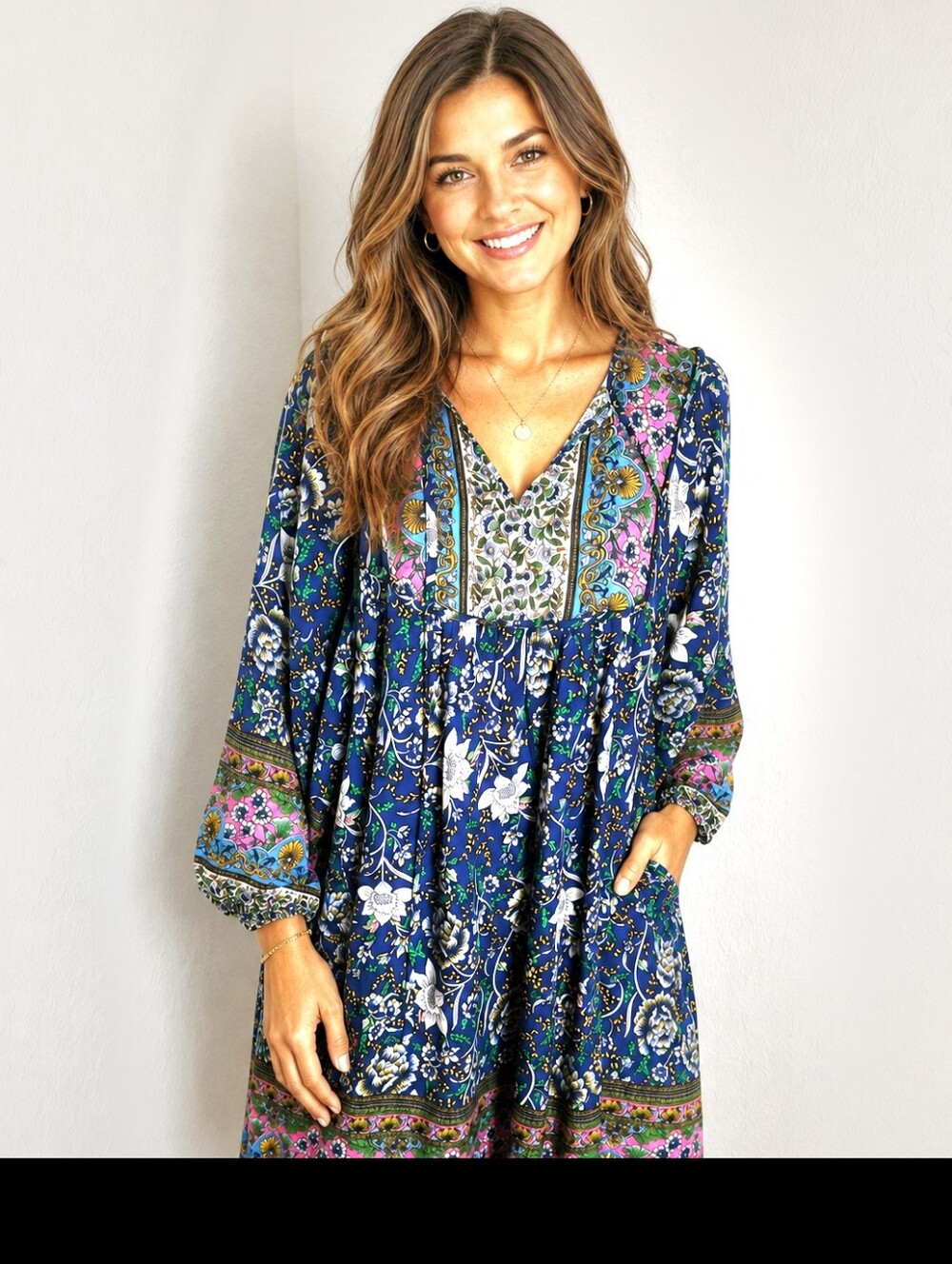 Temofon Navy, Pink & White Floral Bohemian Dress, Size Large